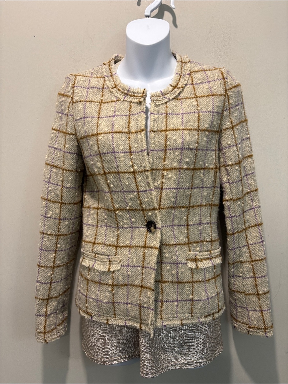 Isabel Marant Etoile Cream Wool Tweed Plaid Blazer Fringe Trim Size 36 - Picture 2 of 16